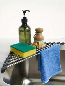 LMMAKE Foldable Stainless Steel Triangle Roll-Up Dish Drying Rack for Small Sink Corners Over-The-Sink Multipurpose Kitchen Drainer Rustproof Organizer Trivet and Shelf Space-Saving Anti-Slip Rubber Grips