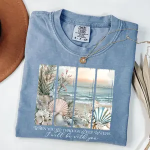 Comfort Colors When You Go Through Deep Waters Vintage Graphic T-shirt Religious He Is Risen Bible Verse Tee Jesus Easter Gift Seashell Pearls Tee