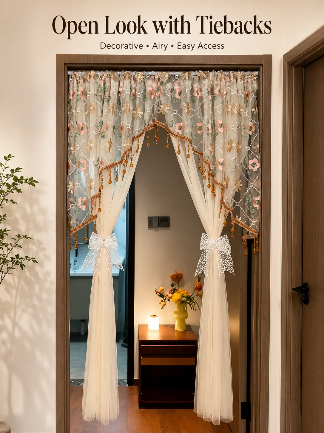 Elegant, semi-transparent lace door curtains; floral drapery/curtains with beaded fringe trim, perfect for bedrooms, wedding parties, Halloween, Christmas, and romantic home decor