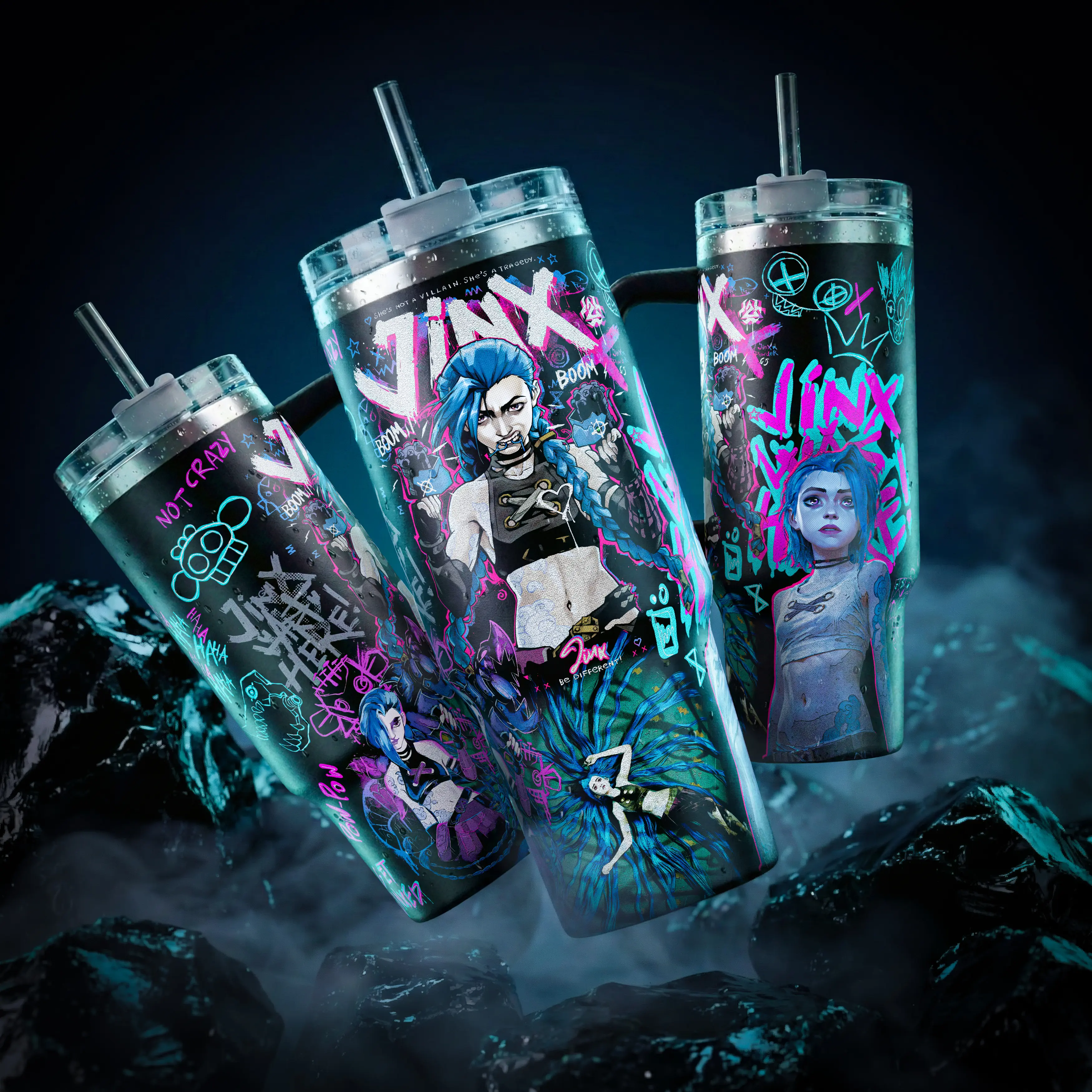 Jinx Arcane LOL TFT Insulated Stainless Steel Tumbler - 20oz, 40oz Vacuum-Sealed Leak-Proof Travel Mug with Handle, Straw, Hot-Cold Drink Gamer Merch Gift for Gaming Fans