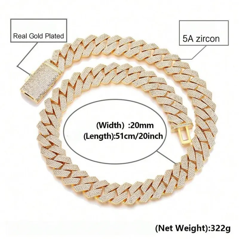 20mm 4-Row Iced Out Rhinestones Cuban Chain for Men, 20in Flip-Link Geometric Gold-Plated Hip-Hop Choker, Heavy Zinc Alloy Streetwear Jewelry, Happy Birthday Gift, Unisex, Anti-Tarnish Coating, Chain & Link Accessory, Christmas