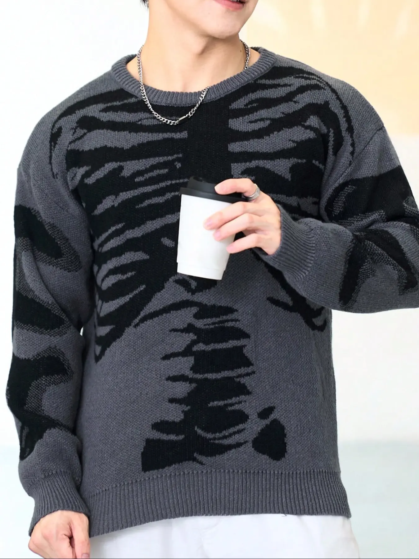 Men's Casual Galaxy Pattern Knit Sweater, Fitted Round Neck Pullover, Warm Micro-Elastic Fabric, Ideal for Fall & Winter Seasons