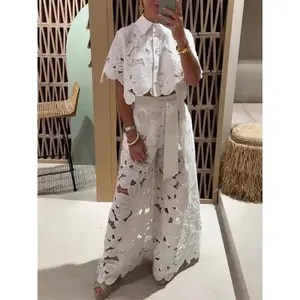 Women's 2026 New Retro Lace Outfit Set Short Sleeved Blouse Tops & Tie-up Pants Two-Piece Embroidery Hollow Temperament Suit for Casual & Special Occasions summerwins.2 piece sets women. two piece sets. summer vacation sets.