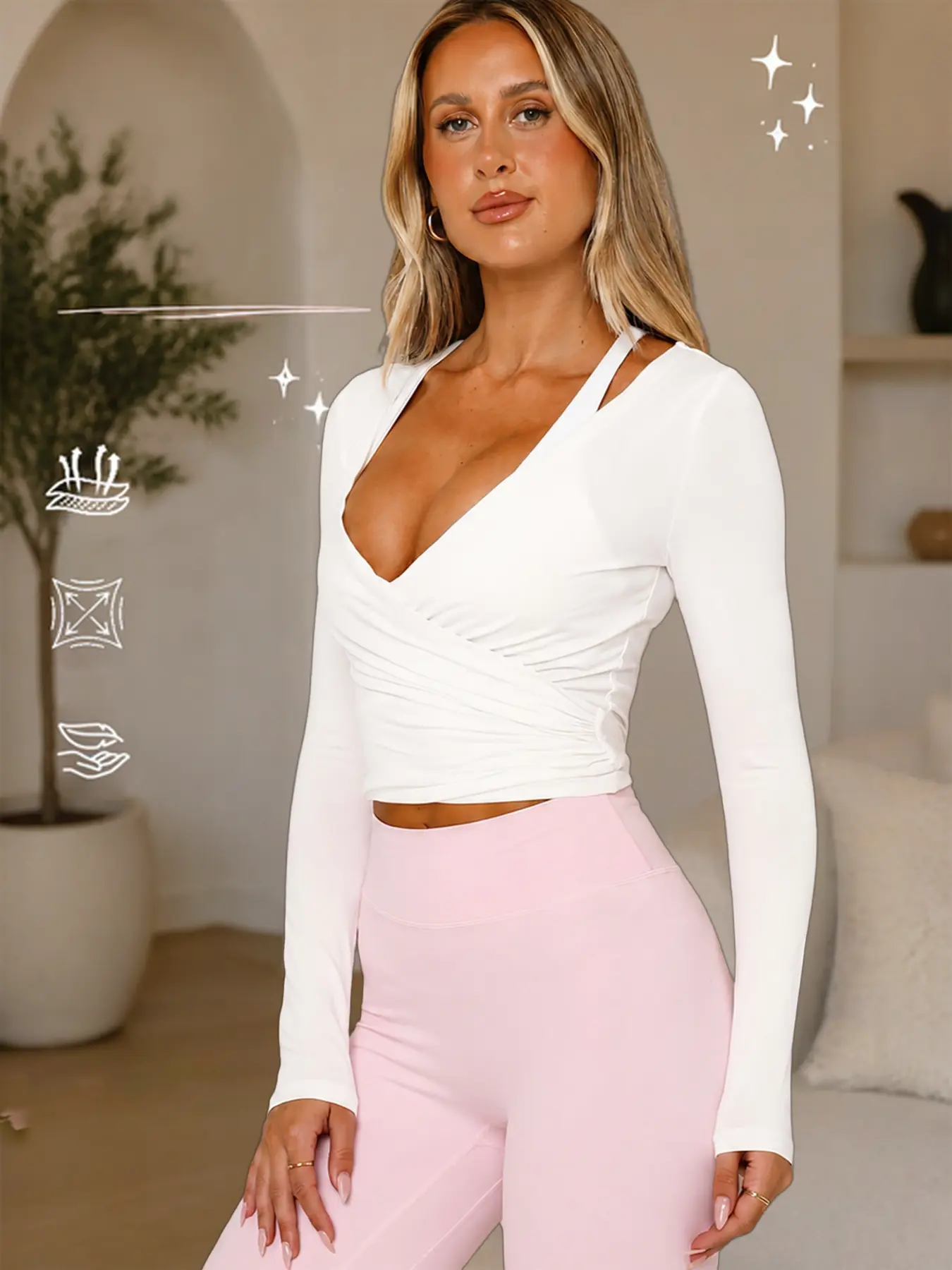 Women's Ballet Wrap Top, Long Sleeve V-Neck Self Tie Front Cropped Shirt, Soft Stretchy Slim Fit Dance Yoga Pilates Workout Active Blouse, Y2K Casual Everyday Wear