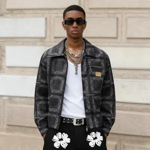 Men's Bandana Paisley Print Zip Up Jacket, Collared Casual Jacket with Chest Pocket for Streetwear & Daily Wear