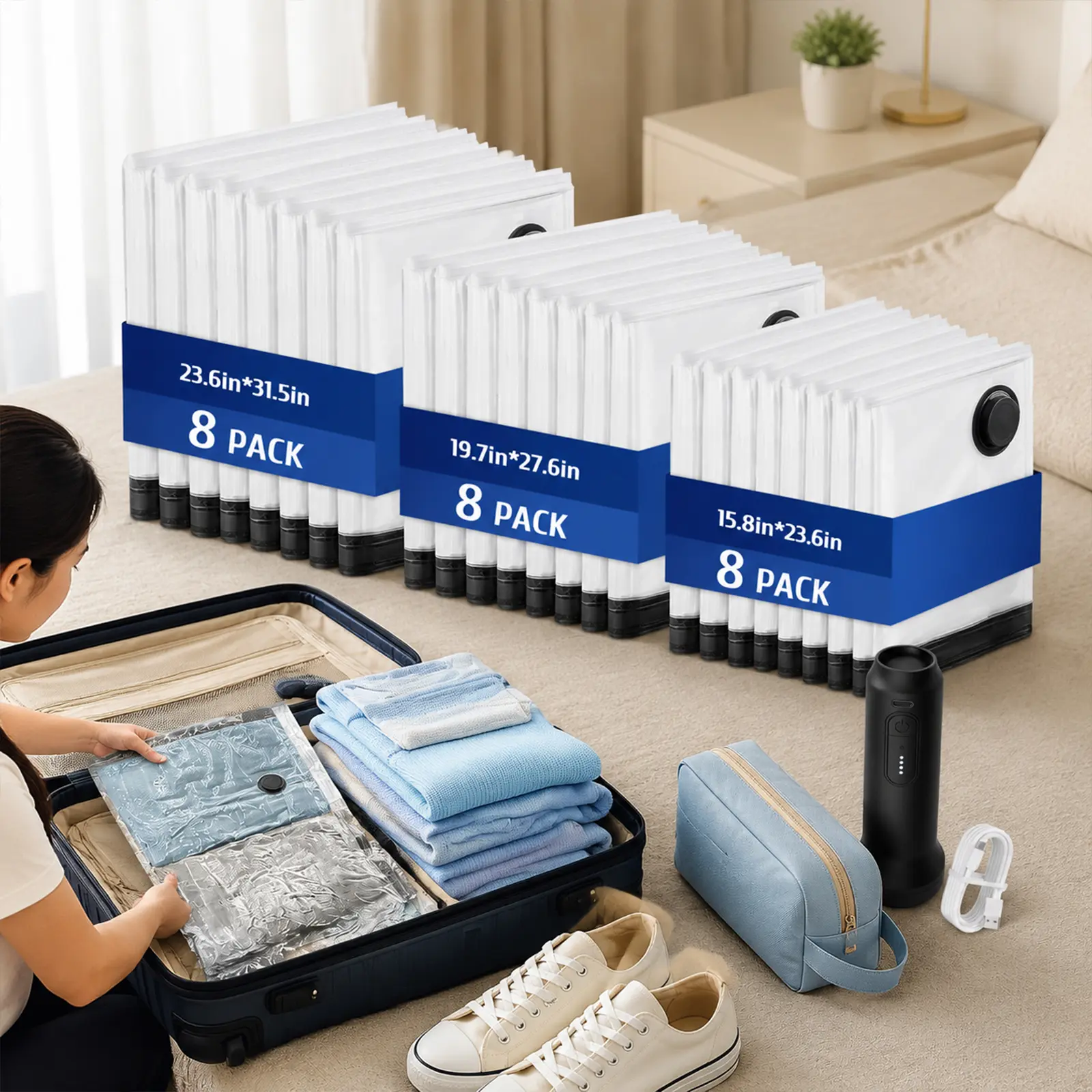 Portable Cordless Electric Pump Vacuum Storage Kit - Air-Tight Compression Space Saver Set with Travel Vacuum Bags, Sealing Organizer for Clothes, Comforters, Vacuum Bags For Travel