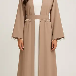 Beige Abaya with Decorative beaded tassels and Belted Design