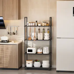 4 Tier Rolling Storage Shelf-Stainless Steel & Plastic Shelving Unit with Wheels, Spacious Shelves for Microwave, Tableware, Tools, Space-Saving Vertical Standing Rack for Kitchen, Garage or Living Room, Sturdy and Durable