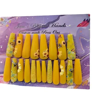 JAN'S BLESSED HANDS Press On Nails by Jan Sweet Matte XXL Coffin Yellow Sunflower Glitter 20 piece PRESS ON set - Nail Art US Gel Nail Care