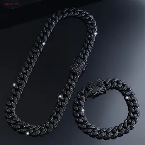 2pcs Men'S Black Cuban Link Chain Necklace and Bracelet Set, Hip Hop Street Style Zinc Alloy Jewelry, with Rhinestone Detailing