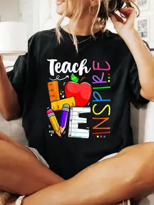 Cute Teach Love And Inspire Men Women Teacher T-Shirt Print T-Shirt Casual Crew Neck Short Sleeve Comfort Tee Top For Spring & Summer Women's Clothing
