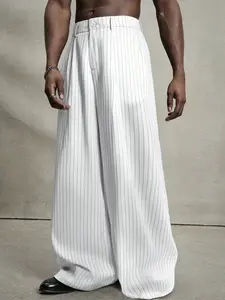 Striped Wide Leg Suit Pants, Unisex Loose Straight Fit, Drapey Slimming Long Pants, Casual Korean Style, Polyester, All Seasons