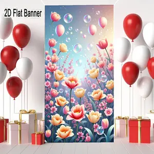 2D flat banner, 1pcWhimsical Floral Peony Tulip Backdrop with Bubbles, Dreamy Gradient Sky Background for TikTok Spring Vibe Decorgalentines party decor, valentine day decor, decorations for valentines day