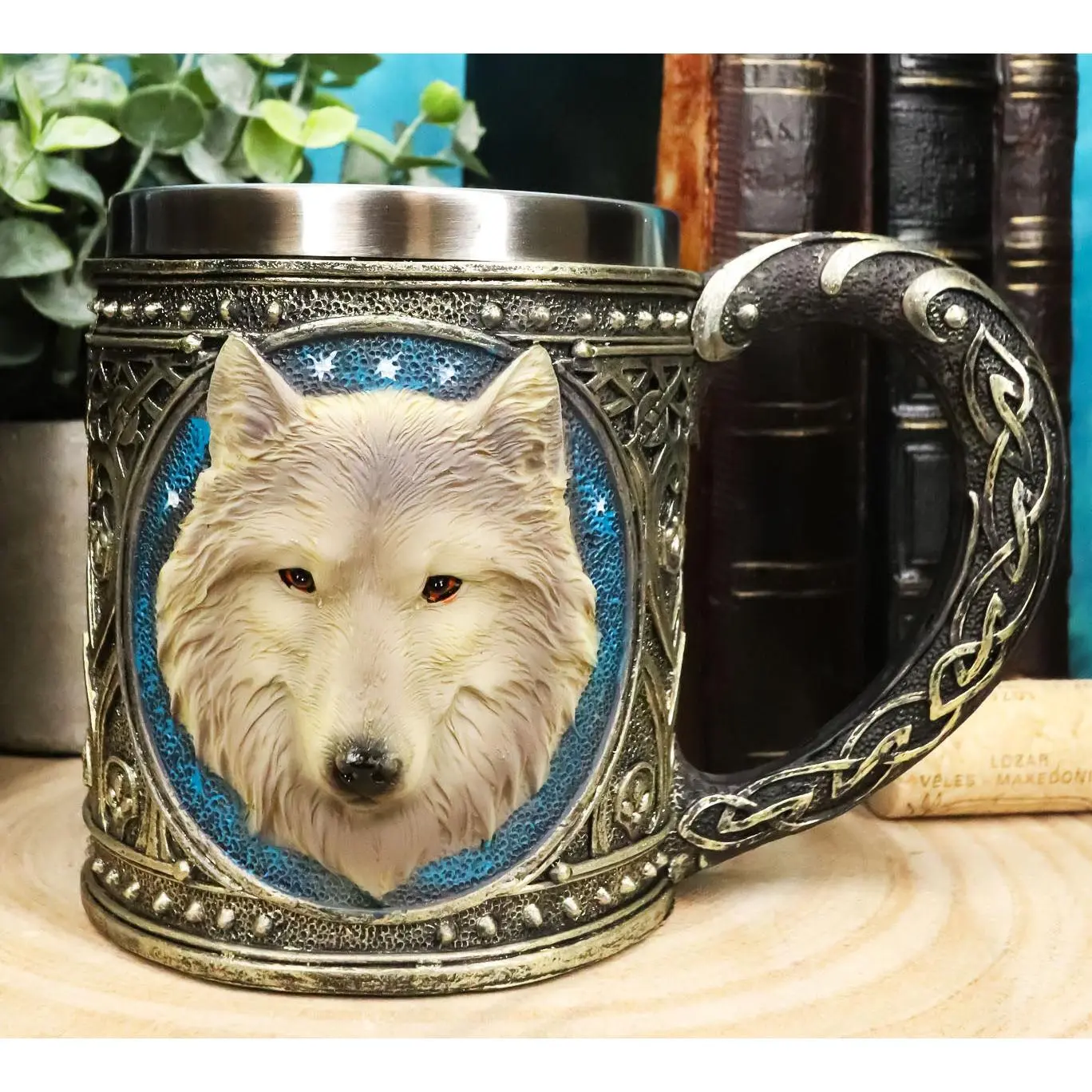 Ebros Gift Hand-Painted Alpha Direwolf Celtic Tribal Magic Resin 16oz Cup - Stainless Rim, Stainless Steel Lined Figurine Mug for Coffee, Halloween Home Decor (Home Supplies, Statues & Figurines)