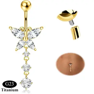 CASSIECA G23 Titanium Dangle Belly Button Rings for Women 14G Internally Threaded Belly Ring Dangling Piercing Jewelry with Heart Butterfly CZ Hypoallergenic Navel Piercing Ring 14K Gold-plated/Silver, Rhinestones, Unisex SummerVibes
