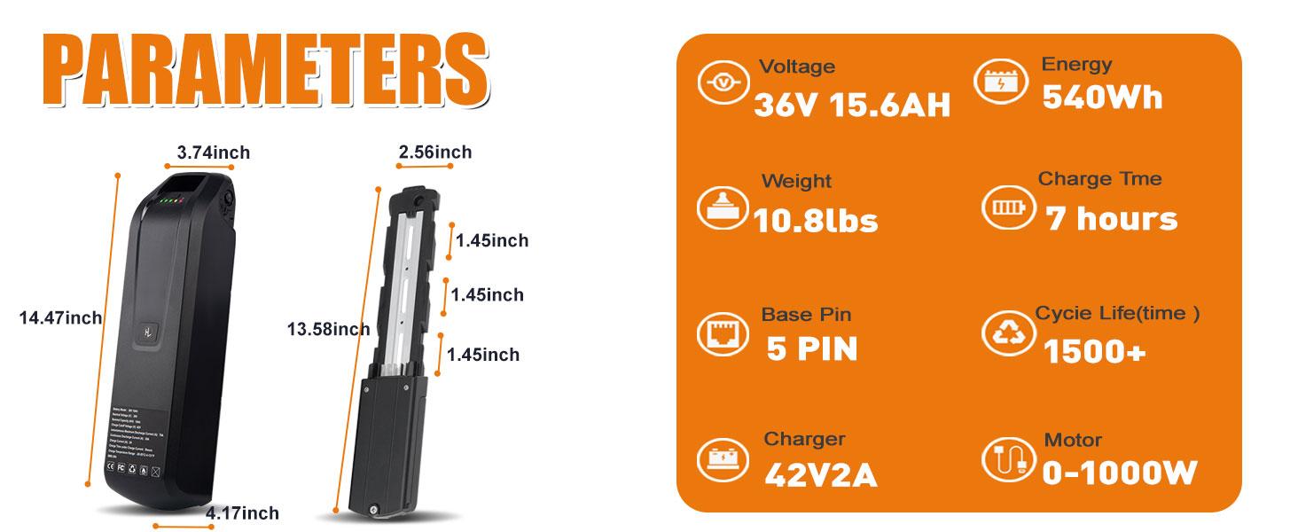 36V 15Ah Ebike Battery, 4 Pin / 5 Pin Lithium Ion Battery Pack for 250W-750W  Electric Bicycle Conversion Kit, High Capacity 36 Volt Battery with 40A BMS, USB Port & Safe Lock