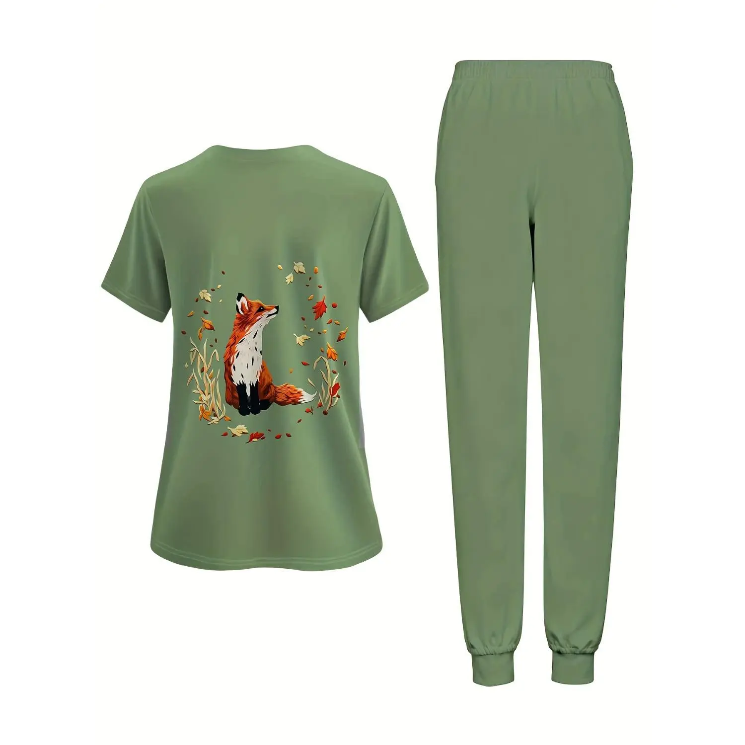 Plus-Size Women's Medical Scrub Set - Fox and Autumn Leaf Print V-Neck Top & Drawstring Pants - Comfortable Fabric - Ideal Gift for Nurses and Doctors