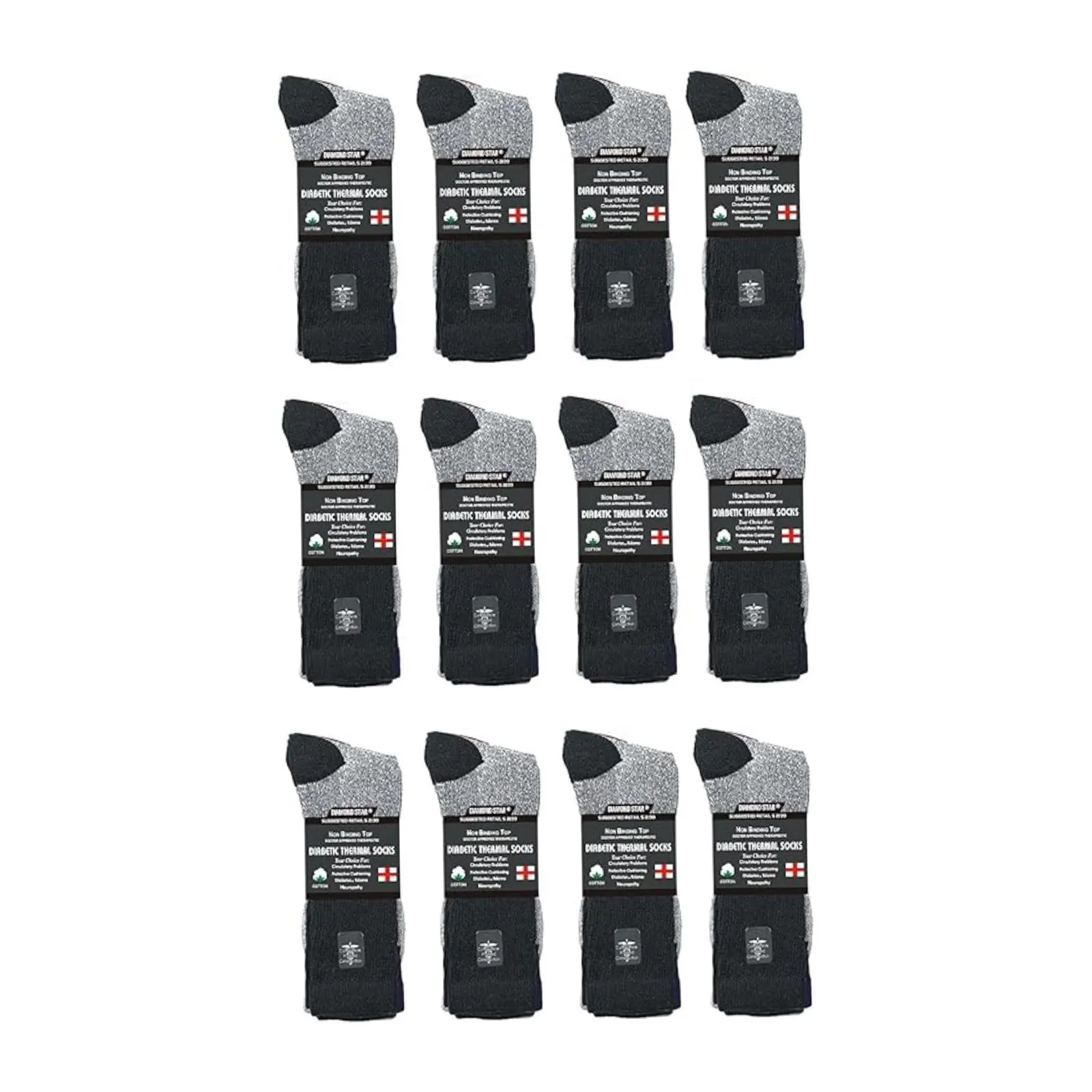 DIAMOND STAR Diabetic Socks For Men and Women Loose Fit Non-Binding Thermal Diabetic Crew Cotton Socks Keep Foot Warm 3, 6, 12 Pairs Pack. Diabetes Acrylic, Menswear