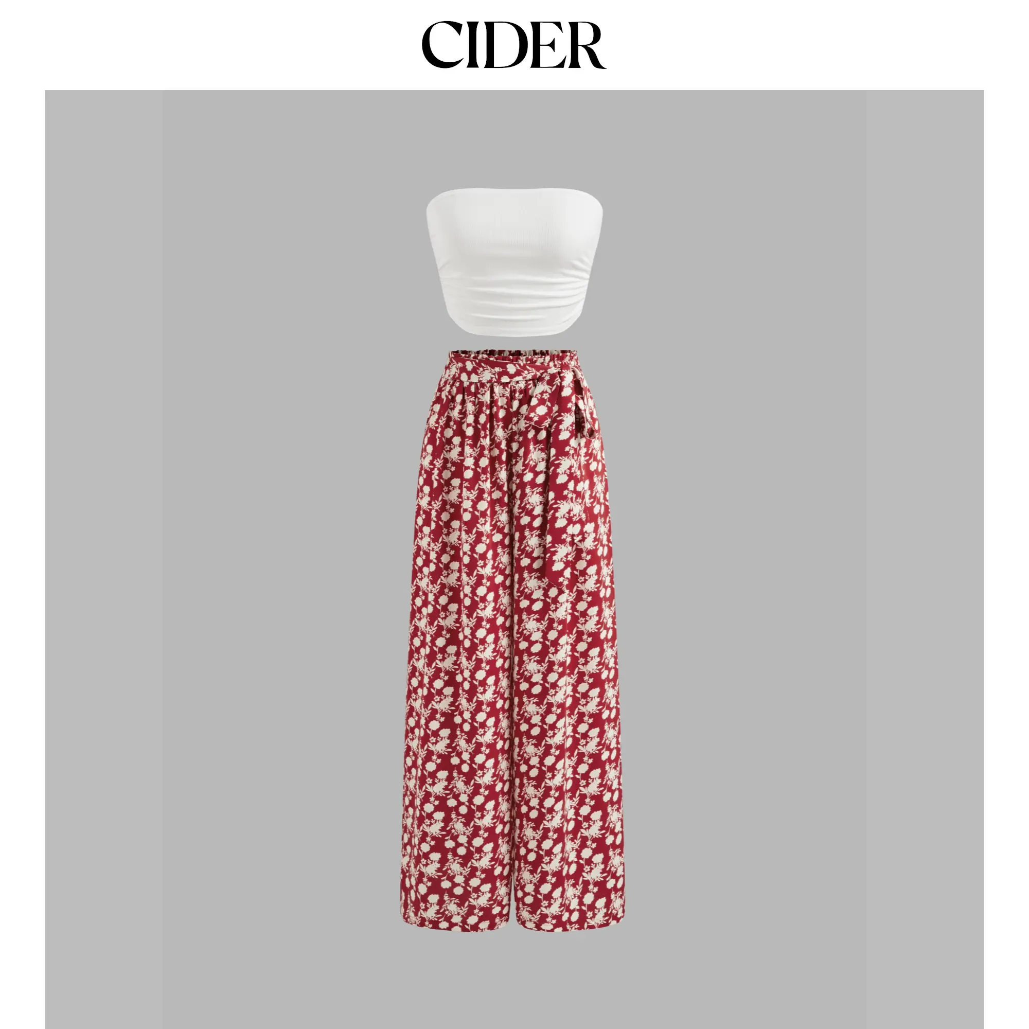 Cider [size 2-10] Strapless Solid Ruched Crop Top & Mid Rise Floral Knotted Wide Leg Trousers