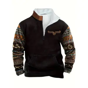Men's Fall Winter Fitted Long Sleeve Hoodie, Colorblock Ethnic Print Design, Zipper Pockets, Casual Warm Retro Pullover Jacket