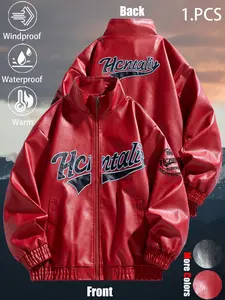 New Unisex Fashionable Oversized Windproof Warm Waterproof Durable Red Leather Motorcycle Jacket, Versatile Multi-Pocket Full-Body Embroidered Personalized Trendy Couple's Leather Outfit, Ideal for Daily Commuting, Wilderness Exploration, Hiking, Fishing