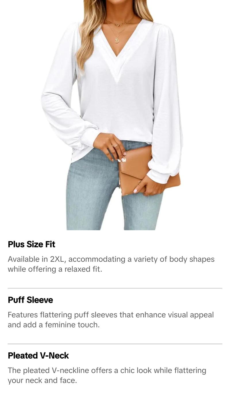 Halife Puff Sleeve Tops for Women V Neck Flowy Pleated Shirts Dressy Casual Loose Tshirt Trending Fall Clothes White Top 2XL