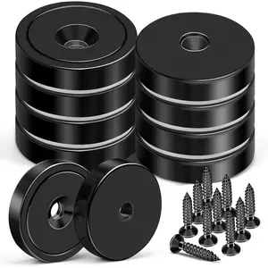 10 Pack Magnets, 150LB Neodymium Cup Magnets with Countersunk Hole, Stainless Screw for Wall Mounting, Rare Earth Black Round Base Disc 1.4" D x 0.27" H