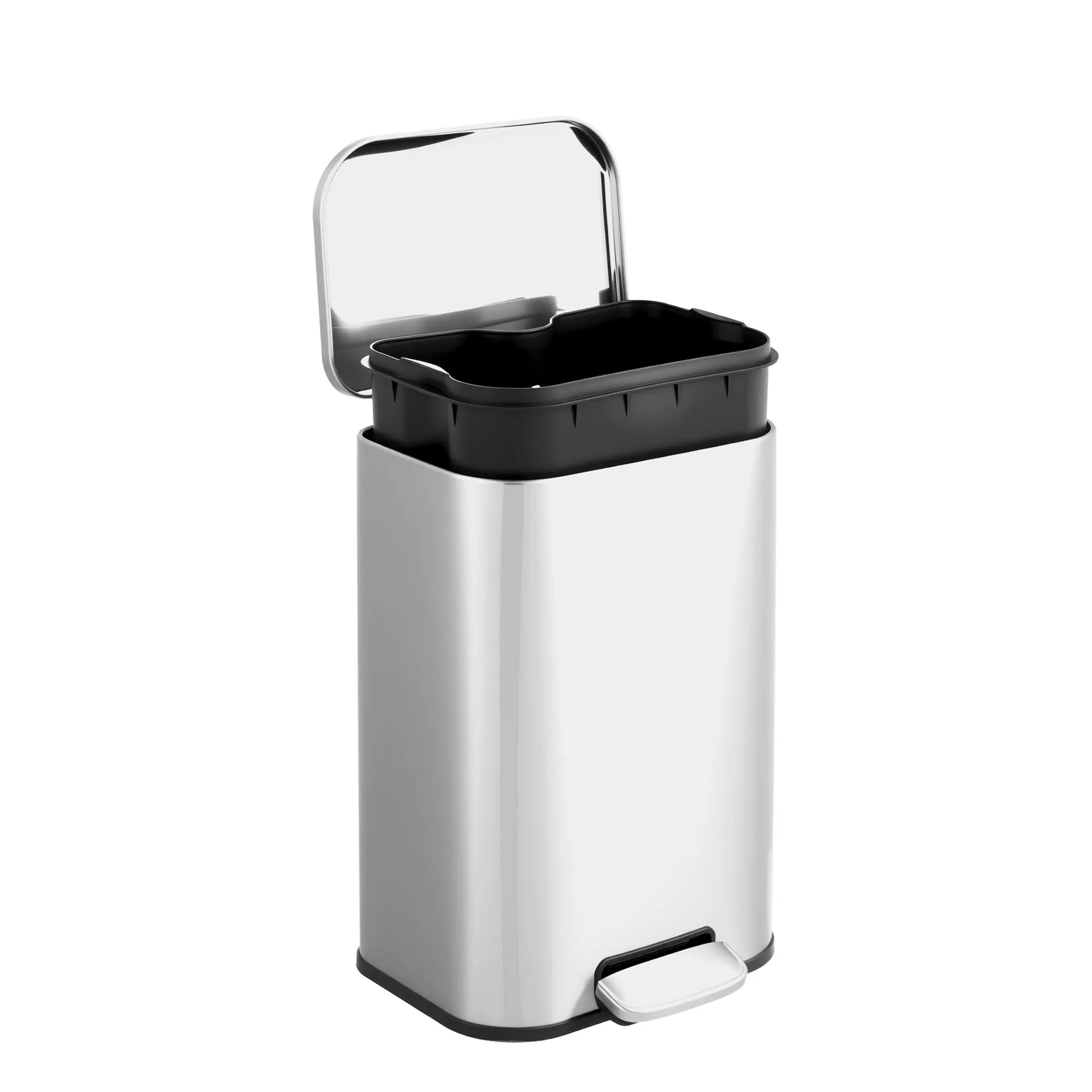 Hands-Free Step Pedal Kitchen Trash Can – Stainless Steel Rectangular Bin – Soft-Close Lid – Removable Inner Bucket – For Kitchen, Living Room, Office – 13 Gallon, Silver, 50L (42.8×35.5×62cm)