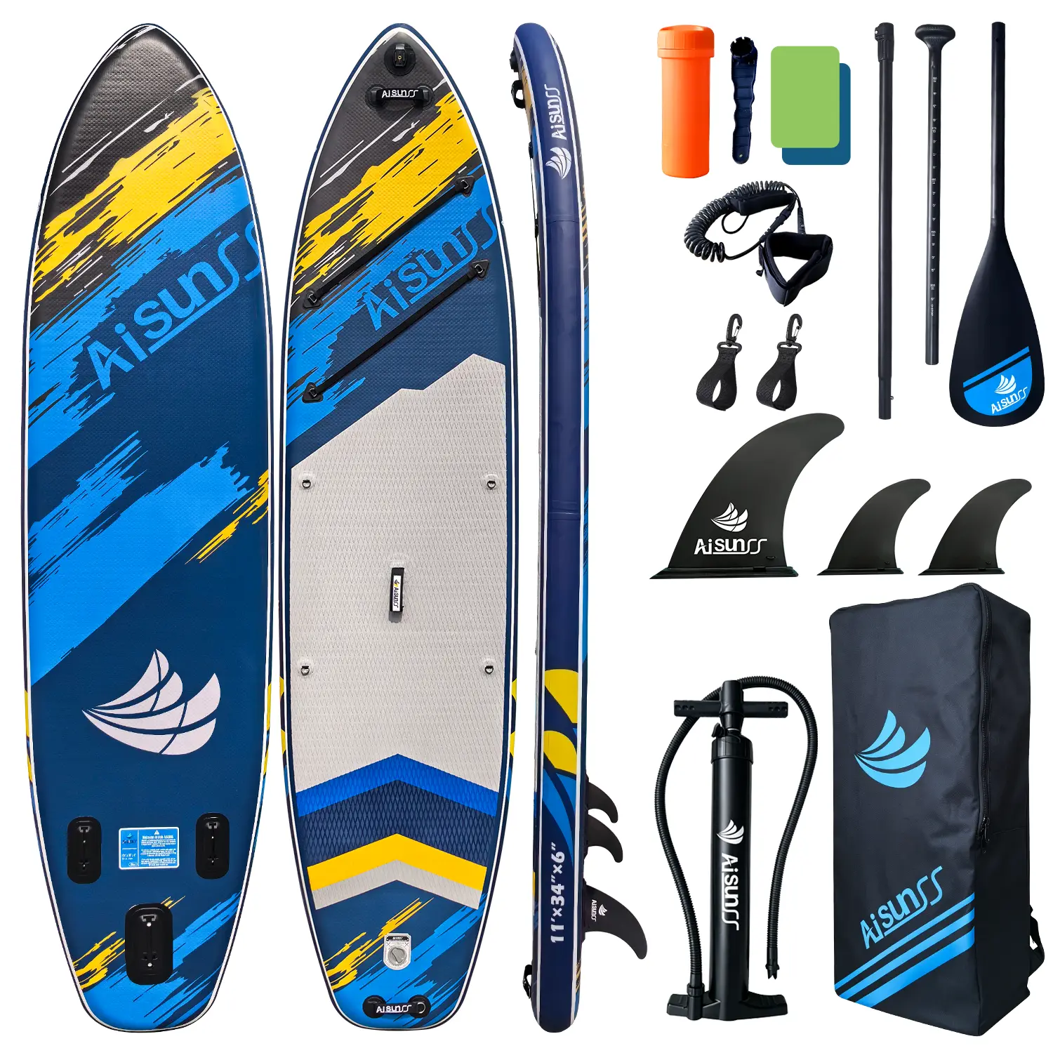 AISUNSS 11Ft SUP Board All Around Board Premium iSUP, Yoga Board with SUP Accessories Include Non-Slip mat, Waterproof Phone Bag, Double Action Pump, Adjustable Aluminum Paddle
