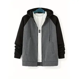 Plus Size Men's Full Zipper Hooded Sweatshirt, Color Matching Long Sleeve Drawstring Jacket Best Selling Products Menswear Collar Tops Casual