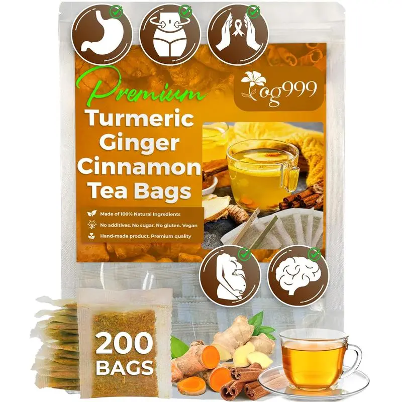 200 Tea Bags Turmerics Gingers Cinnamons Tea, 100% Natural, Anti-Inflammatea. Eco-conscious Tea Bags. Turmerics Gingers Herbal Tea. No Sugar, No Caffeine, No Gluten, Vegan