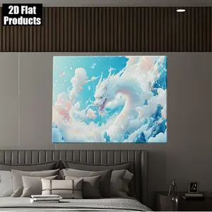 2D Flat, White Dragon in Clouds Canvas Wall Art - Wooden Framed Fantasy Poster, Cartoon-Style Blue & Pink Pastel Sky Painting for Living Room, Bedroom, Office Decor - Wrap-Around Frame, HD Print on Premium Artist Canvas, Bedroom Artwork,	