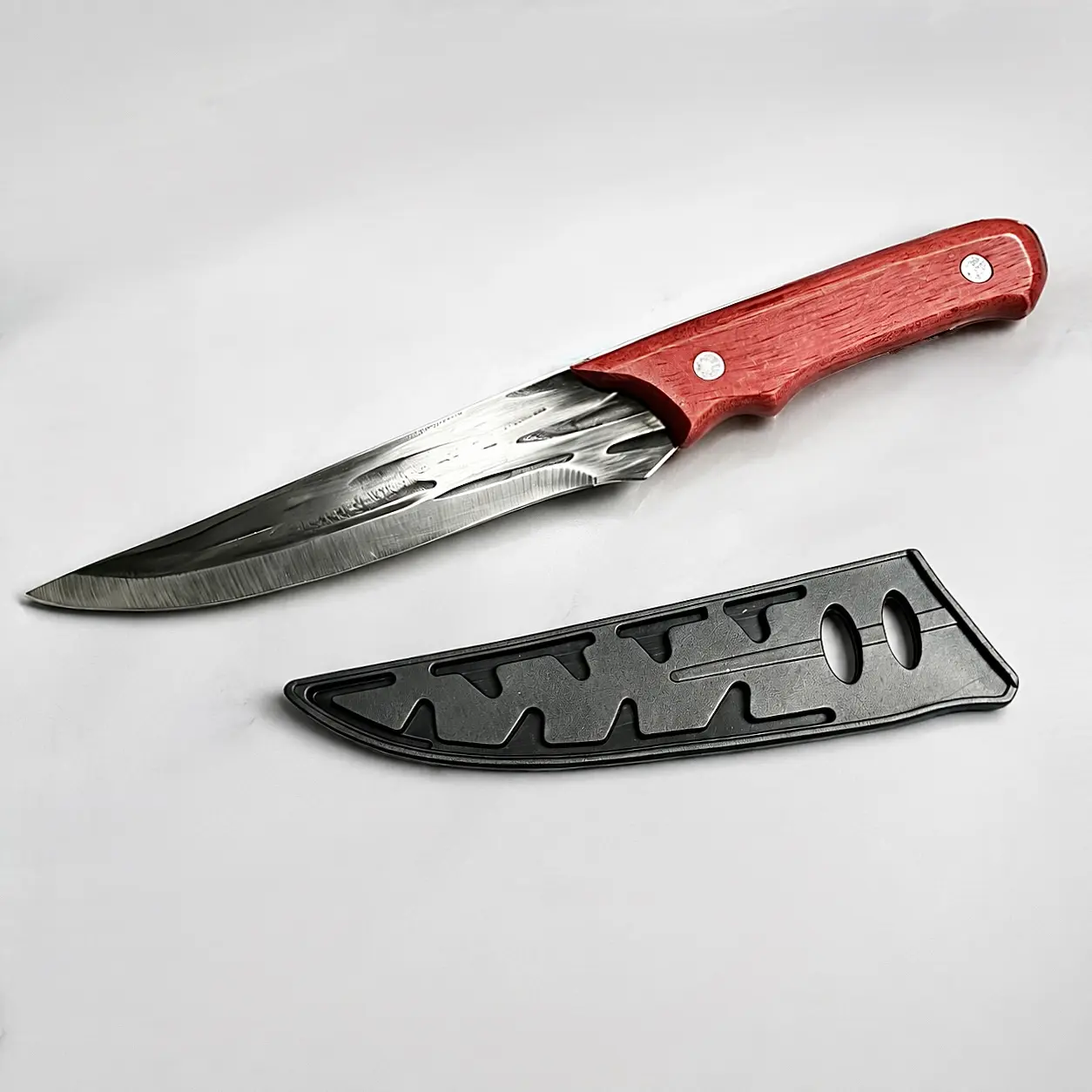 Hammer-Patterned Meat Bone Cleaver with Mahogany Handle, Full Blade Double Edge Butcher Knife for Outdoor Camping Cooking and Bone Cutting