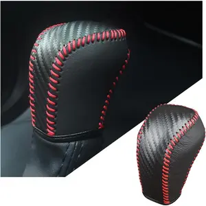 Carbon Fiber Car Gear Shift Knob Cover, Leather Vehicle Stick Shifting Protector with Needle & Thread, Stylish Auto Shifter Knob Guard, Compatible with Inspire Crider Integra (Black/Red)