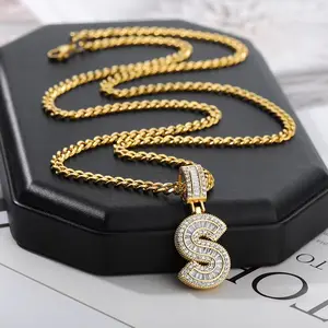 A-Z Letter Inital Necklace 18K Gold Plated Zirconia Letters Pendants with 18-24 Inch Chain for Women and Men Hip Hop
