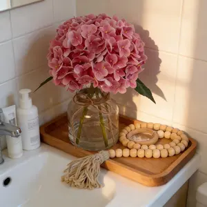 Real Touch Hydrangea Artificial Flowers in Vase with Wood Bead String, Lifelike Faux Hydrangea Flowers for Home Decoration, Fake Flowers Centerpiece for Table, Bathroom, Office & Water Bar,Pink