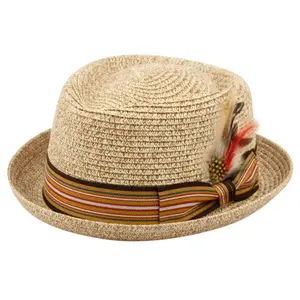 Men's Stripe Band Removable Feather Straw Porkpie Fedora Sun Hat
