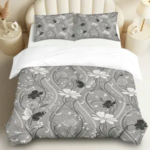 3PCS Duvet Cover Set, 1 Duvet+2 Pillowcases(Without filler), Floral Butterfly Elegant Chic Grey theme, Spring bedding set, Luxury Cozy Bedding Suitable for decoration Bedroom, Guest Room, Hotel, Living Room.