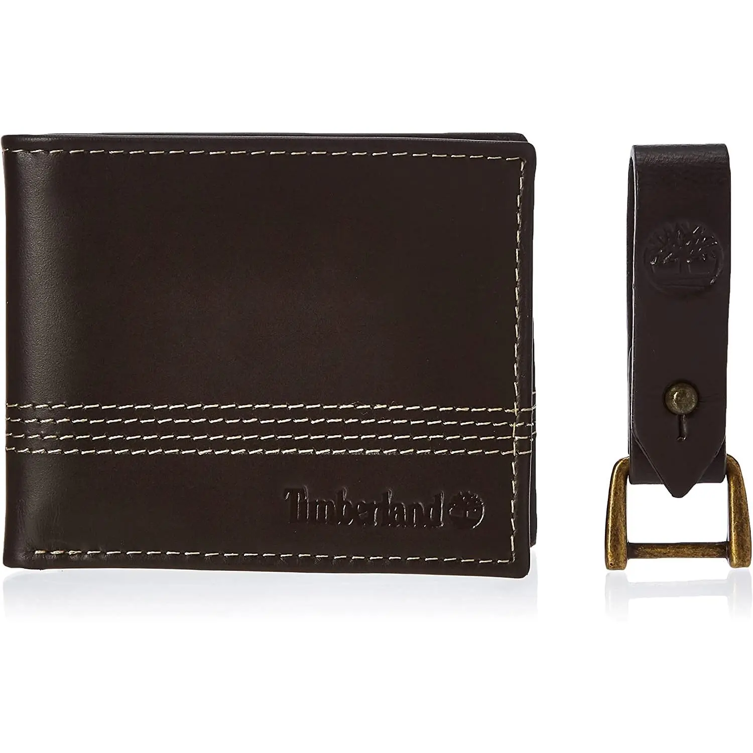 Timberland Mens Billfold Leather Wallet with Key FOB Gift Set Brown