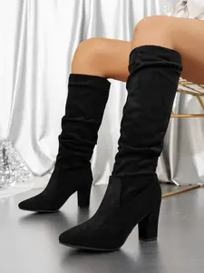 Women's High Heel Mid-Calf Boots, Textile Upper, Rubber Sole, Plain Pattern, All Seasons Fashion Footwear, Stylish Pointed Toe Design, Pointy Toe Boots