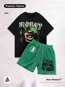 Money Graphic Print T-Shirt 2-Piece Set, Breathable Short Sleeve Tee + Shorts, Casual Fitted Style, Unisex Fashion Clothes for Outdoor Activities