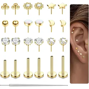 Men 316L Surgical Steel Nose Screw Set CZ Earrings Softcoat Spiral Flat Back Pierced Jewelry 20G 18G 16G
