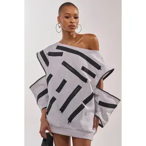 ZIP ZAP OFF THE SHOULDER SWEATSHIRT DRESS-GREY MULTI