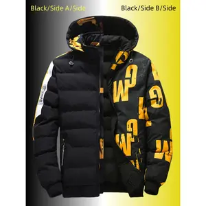 Men's Dual-Sided Winter Jacket - Thick Cold-Proof Coat with Removable Hood, 100% Polyester, Red/Black Colorblock Design, Zipper Front & Pockets for Outdoor Casual Wear, Winter Clothes