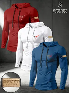 Men's Bull Print Long Sleeve Hooded Top, Breathable Comfort Sportswear, Ideal for Basketball and Football Training, Daily Wear, Breathable Sports Hoodie