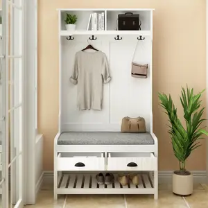 Furniture new arrival Hall Tree 34'' Wide with Bench and Shoe Storage  Modern Coat Rack Drawer