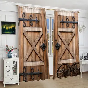 Fashionable Wood Door Print Curtains, Window Curtain, Easy Installation for Bedroom and Living Room, Comfortable Atmosphere, Suitable for Cafes and Offices