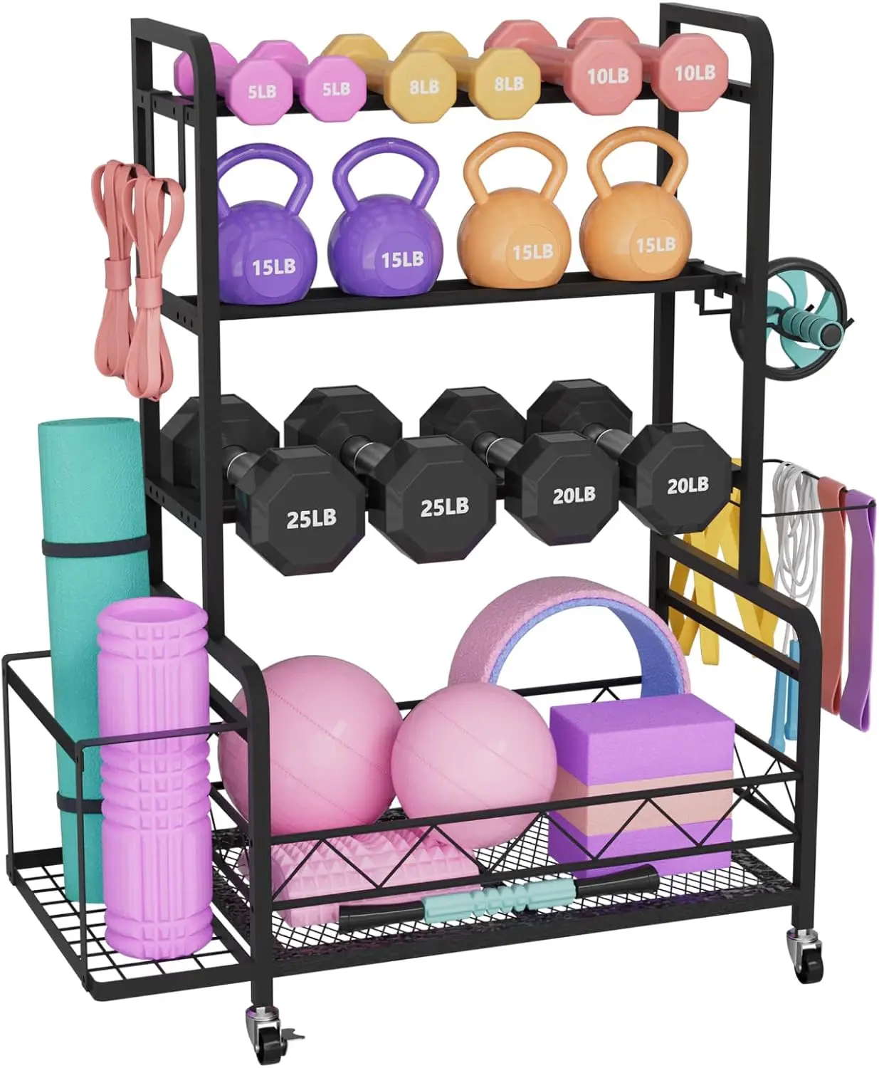 Heavy Duty Adjustable Dumbbell Rack with Wheels - Multipurpose Home Gym Storage Organizer for Kettlebells & Yoga Mats