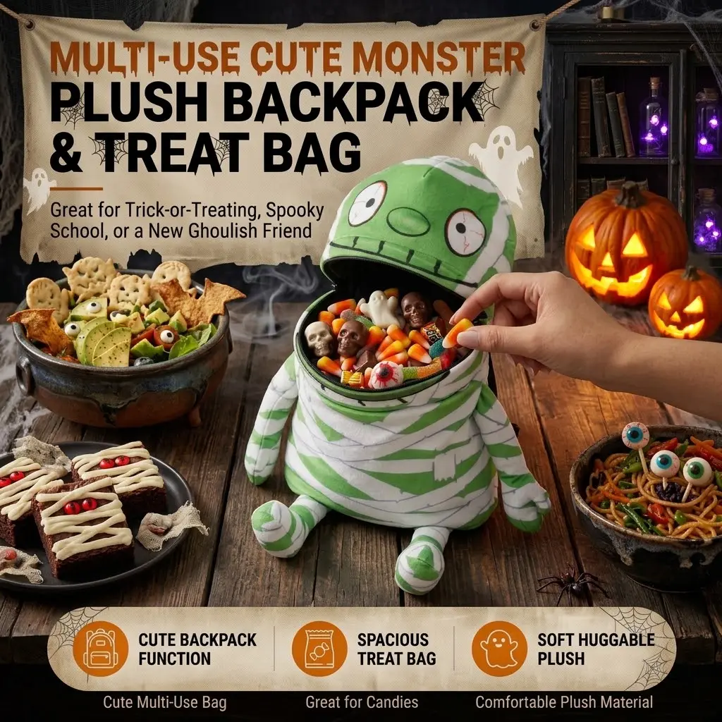 Halloween Plush Monster Backpack & Trick or Treat Bag for Kids, 2-in-1 Cute Mummy Candy Basket Bucket with Shoulder Straps, Soft Huggable Stuffed Animal Bookbag for Toddlers Boys Girls, Spooky Festival Cosplay Party Props, Holiday Gifts Bag