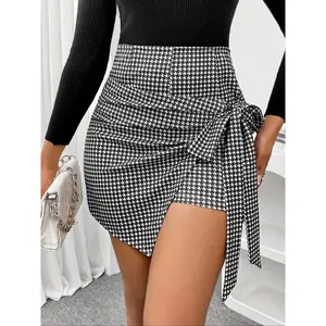 Women's Plaid Print Tie Front Patchwork Skirt Shorts Set, Casual Fall Winter, Ladies Fashion Clothing, Comfortable and Stylish